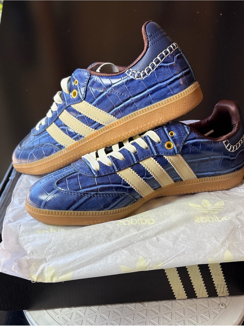 adidas Blue Croc-Texture Sneakers with Cream Stripes
